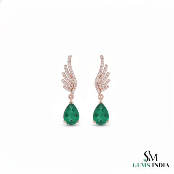 Pear shape Natural Emerald Wing Drop Earrings with Diamond Accents in 14k Gold
