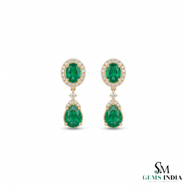 Natural Emerald Diamond Dangle Earrings: 18K Gold Pear Oval Green Gemstone Jewelry