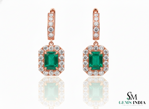8 carat Vintage Style Natural Emerald-Cut Emerald Earrings with Diamond Halo Drop Earrings in 14K White Gold