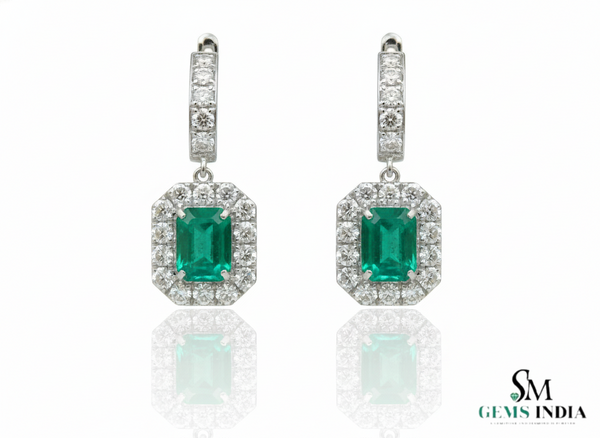 8 carat Vintage Style Natural Emerald-Cut Emerald Earrings with Diamond Halo Drop Earrings in 14K White Gold