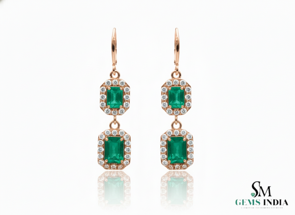 6.50 carat Emerald Cut Natural Emerald Drop Earrings In 14k Solid Gold Minimalist Elegant Design Anniversary gift
