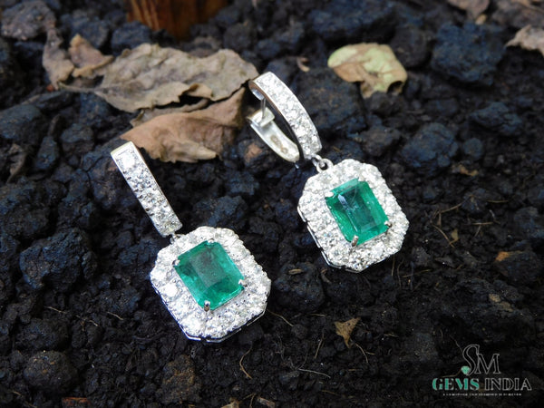 8 carat Vintage Style Natural Emerald-Cut Emerald Earrings with Diamond Halo Drop Earrings in 14K White Gold
