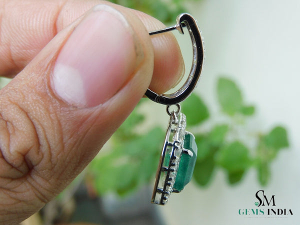 8 carat Vintage Style Natural Emerald-Cut Emerald Earrings with Diamond Halo Drop Earrings in 14K White Gold
