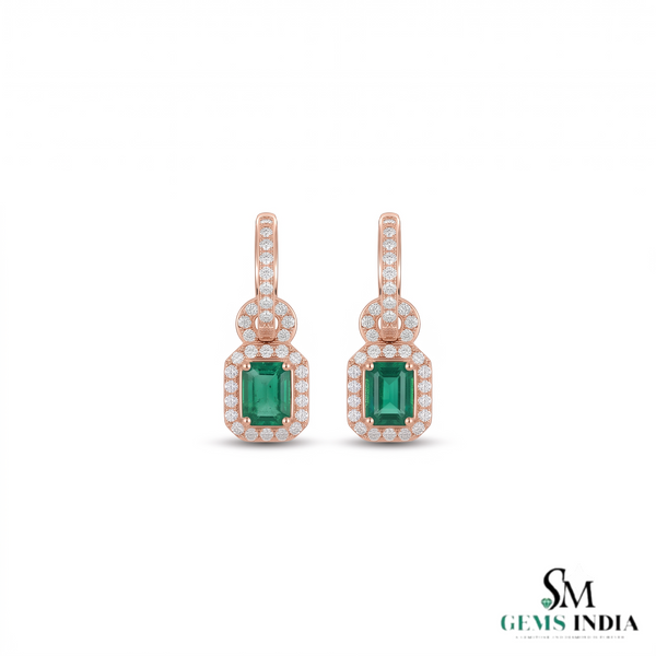 Elegant Emerald cut Natural Emerald Halo Drop Earrings in 14K Yellow Gold Geometric Design