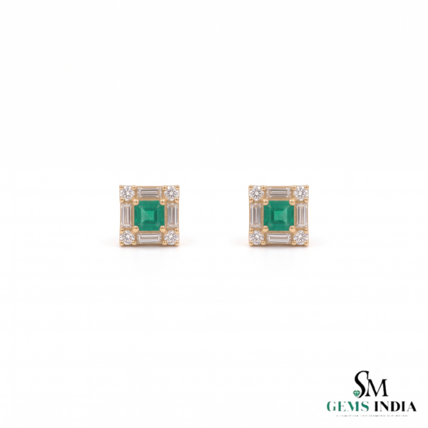 Square shape Natural Emerald Halo Studs with Diamond Accents – Fine Gold Earrings