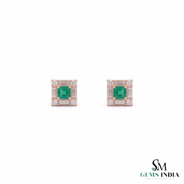 Square shape Natural Emerald Halo Studs with Diamond Accents – Fine Gold Earrings