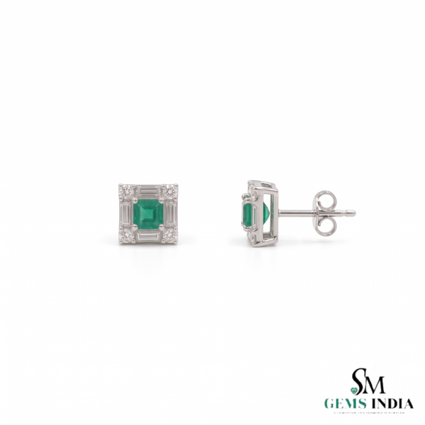 Square shape Natural Emerald Halo Studs with Diamond Accents – Fine Gold Earrings