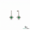 1.10 carat Round Natural Emerald Cluster Earrings with Diamond Halo Gold Contemporary Square Design