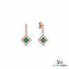 1.10 carat Round Natural Emerald Cluster Earrings with Diamond Halo Gold Contemporary Square Design