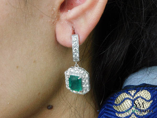 8 carat Vintage Style Natural Emerald-Cut Emerald Earrings with Diamond Halo Drop Earrings in 14K White Gold