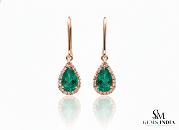 Luxurious 6 carat Pear shape Natural Emerald and Diamond Teardrop DangleEarrings in 14K Gold