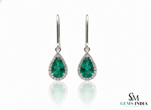 Luxurious 6 carat Pear shape Natural Emerald and Diamond Teardrop DangleEarrings in 14K Gold