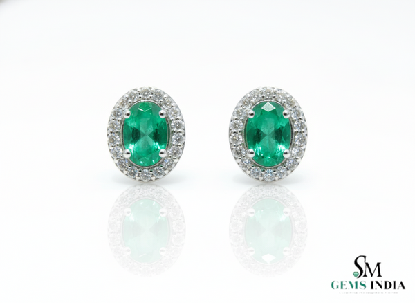 1.80 carat Natural Emerald Oval Halo Stud Earring with Screw Back Closure