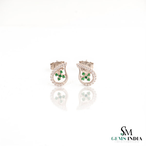Teardrop Stud Earrings with Round Natural Emerald Cluster & Diamonds in Gold Unique Gift for her