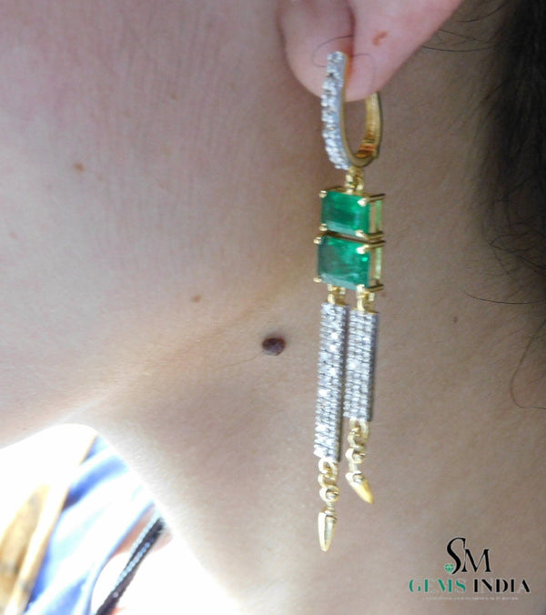 4.30 carat Emerald cut Emerald Natural Emerald And Diamond Dangle Earrings in 14k Gold