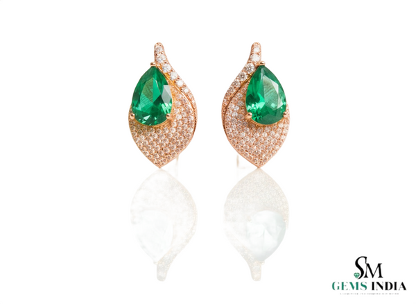 6.20 carat Pear Shaped Natural Emerald and Diamond Leaf Earrings in 14K Gold