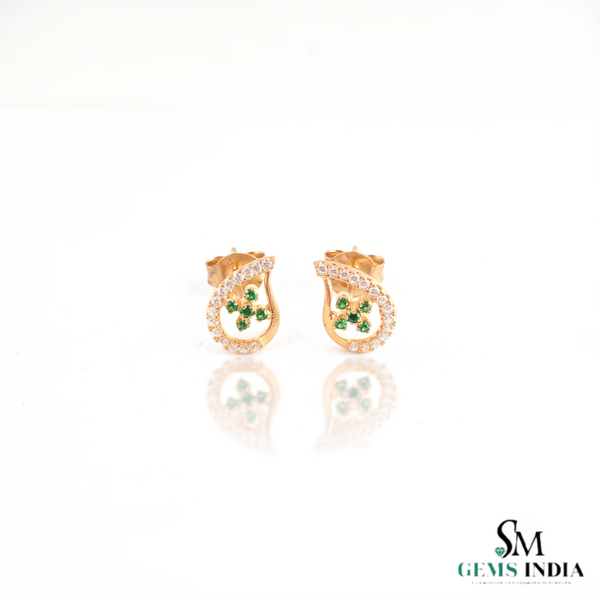 Teardrop Stud Earrings with Round Natural Emerald Cluster & Diamonds in Gold Unique Gift for her