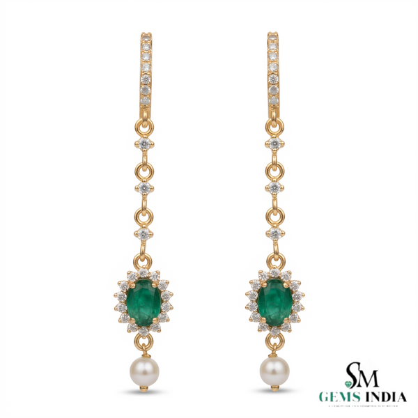 Oval cabochon Emerald Halo Dangle Earrings in Gold with Pearl Drop Elegant Gift for Her