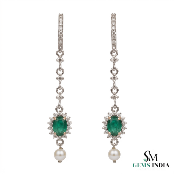 Oval cabochon Emerald Halo Dangle Earrings in Gold with Pearl Drop Elegant Gift for Her