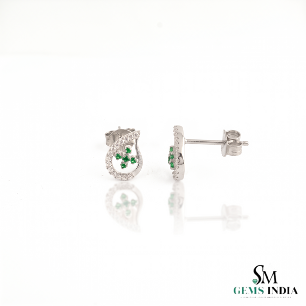 Teardrop Stud Earrings with Round Natural Emerald Cluster & Diamonds in Gold Unique Gift for her