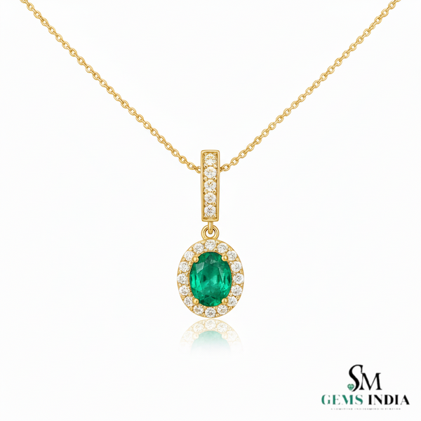 2 carat Oval cut 14K Gold Natural Emerald Halo Pendant with Dainty Diamond Accents