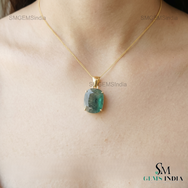 10.40 Carat Natural Emerald Pendant: 14k Gold Cushion Cut Gemstone