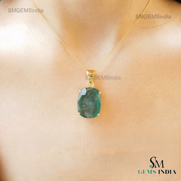 10.40 Carat Natural Emerald Pendant: 14k Gold Cushion Cut Gemstone
