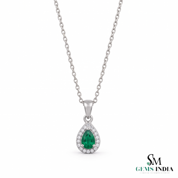 5.90 carat Teardrop natural Emerald Pendant with Diamond Halo Fine Gold Jewelry