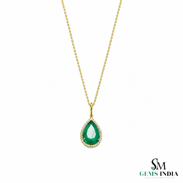 5.90 carat Teardrop natural Emerald Pendant with Diamond Halo Fine Gold Jewelry