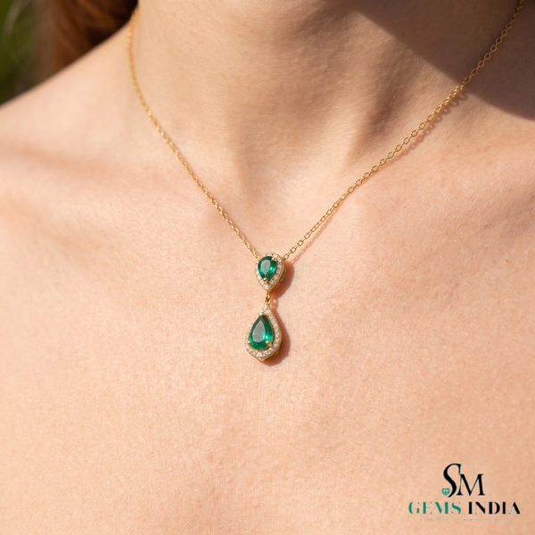 4 carat Double Pear Emerald and Diamond Halo Pendant in 14K Gold Gift for her