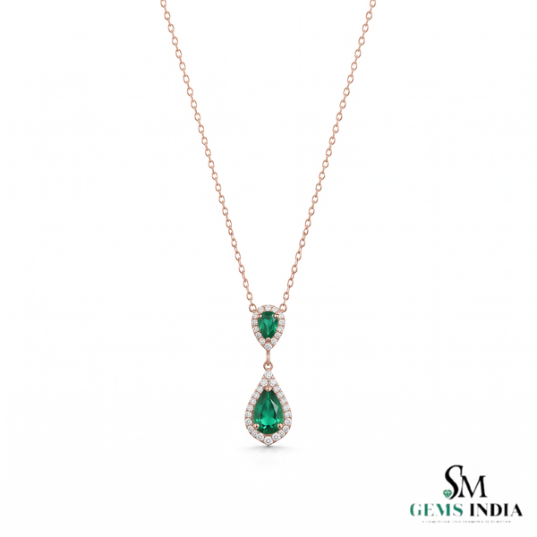 4 carat Double Pear Emerald and Diamond Halo Pendant in 14K Gold Gift for her