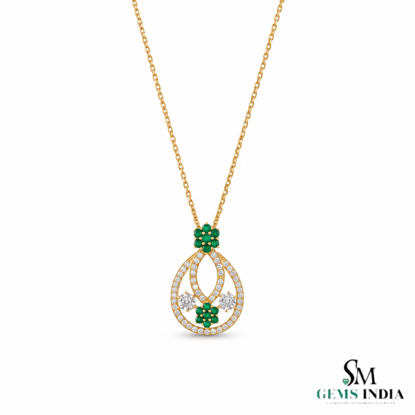 Floral Double Loop Round Natural Emerald and Diamond Teardrop Pendant in 14k gold