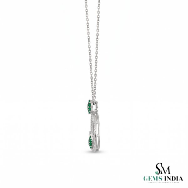 Floral Double Loop Round Natural Emerald and Diamond Teardrop Pendant in 14k gold