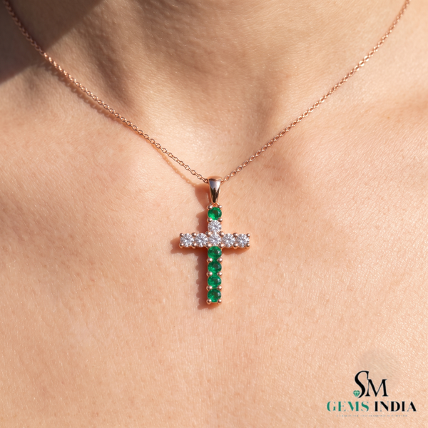 Elegant Natural Emerald Cross Pendant Necklace in 14K Gold Unique Pendant for her