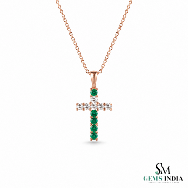 Elegant Natural Emerald Cross Pendant Necklace in 14K Gold Unique Pendant for her