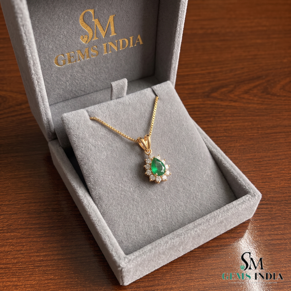 Teardrop Natural Emerald and Diamond Halo Necklace May Birthstone Jewelry Gift