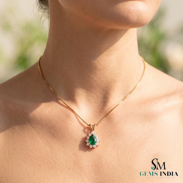 Teardrop Natural Emerald and Diamond Halo Necklace May Birthstone Jewelry Gift