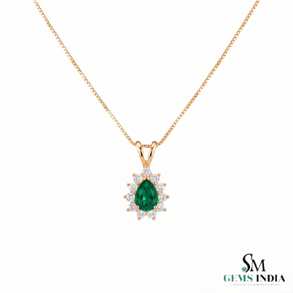 Teardrop Natural Emerald and Diamond Halo Necklace May Birthstone Jewelry Gift