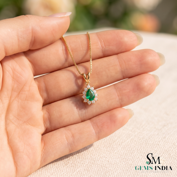 Teardrop Natural Emerald and Diamond Halo Necklace May Birthstone Jewelry Gift