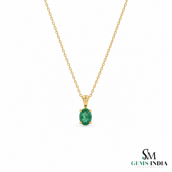 Oval shape Natural Emerald Pendant Necklace in 14k Solid Gold May Birthstone
