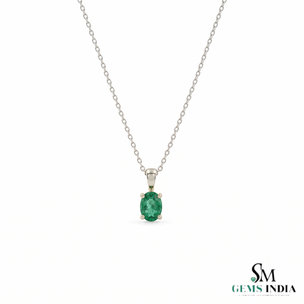Oval shape Natural Emerald Pendant Necklace in 14k Solid Gold May Birthstone