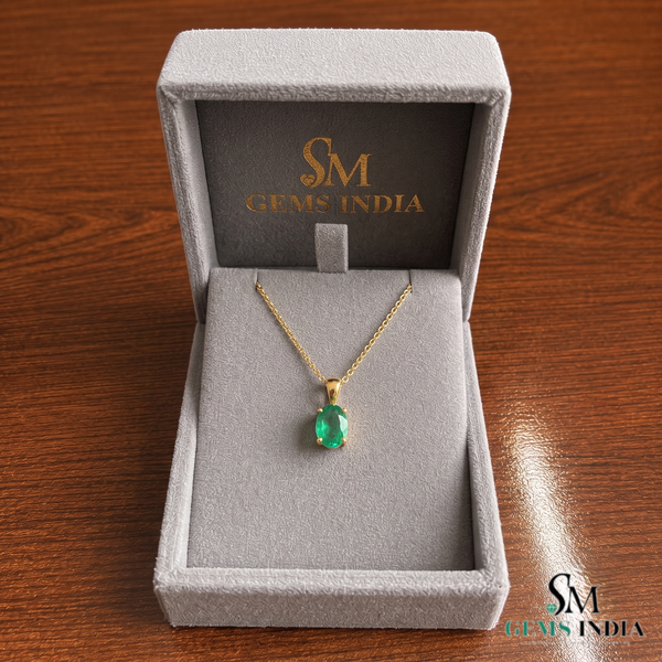 Oval shape Natural Emerald Pendant Necklace in 14k Solid Gold May Birthstone