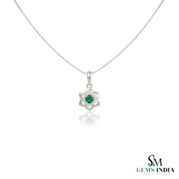 Round Natural Emerald Blossom Pendant Necklace in Gold Elegant Floral Design Jewelry Gift
