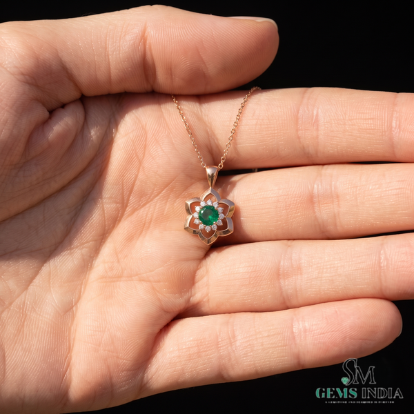 Round Natural Emerald Blossom Pendant Necklace in Gold Elegant Floral Design Jewelry Gift