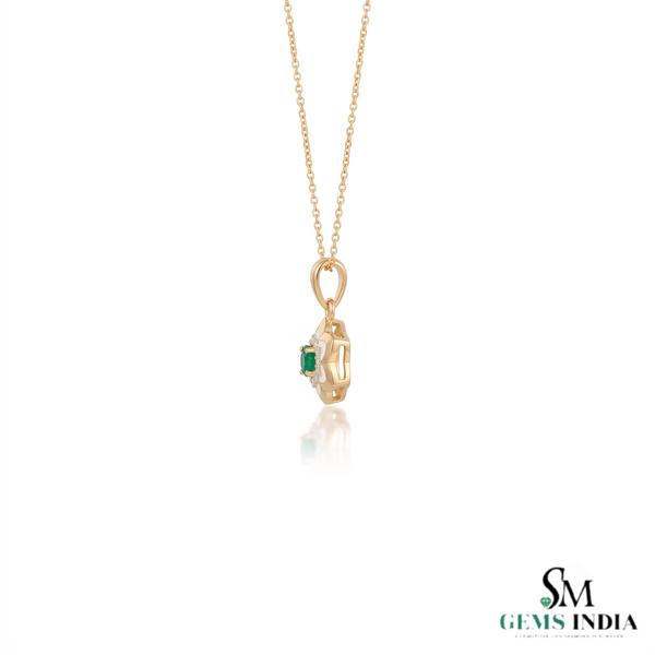 Round Natural Emerald Blossom Pendant Necklace in Gold Elegant Floral Design Jewelry Gift