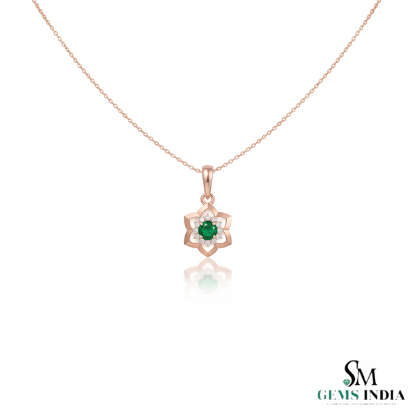 Round Natural Emerald Blossom Pendant Necklace in Gold Elegant Floral Design Jewelry Gift