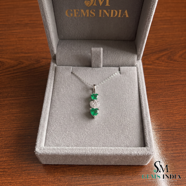 Natural Emerald Heart Pendant Romantic Triple Drop Design in 18k Gold Green Gemstone Jewelry 