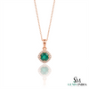 Round Emerald and Diamond Halo Pendant in 18K Gold May Birthstone Jewelry