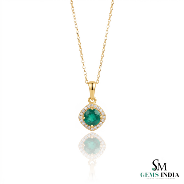 Round Emerald and Diamond Halo Pendant in 18K Gold May Birthstone Jewelry