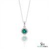 Round Emerald and Diamond Halo Pendant in 18K Gold May Birthstone Jewelry